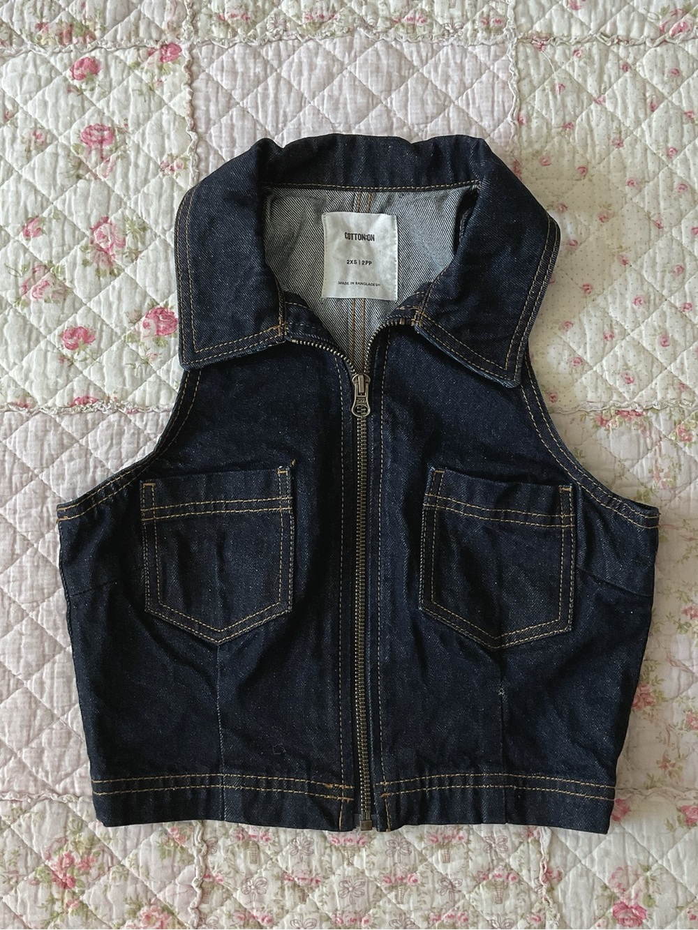 Denim Zip-Front Cropped Vest Jacket - Dark Blue